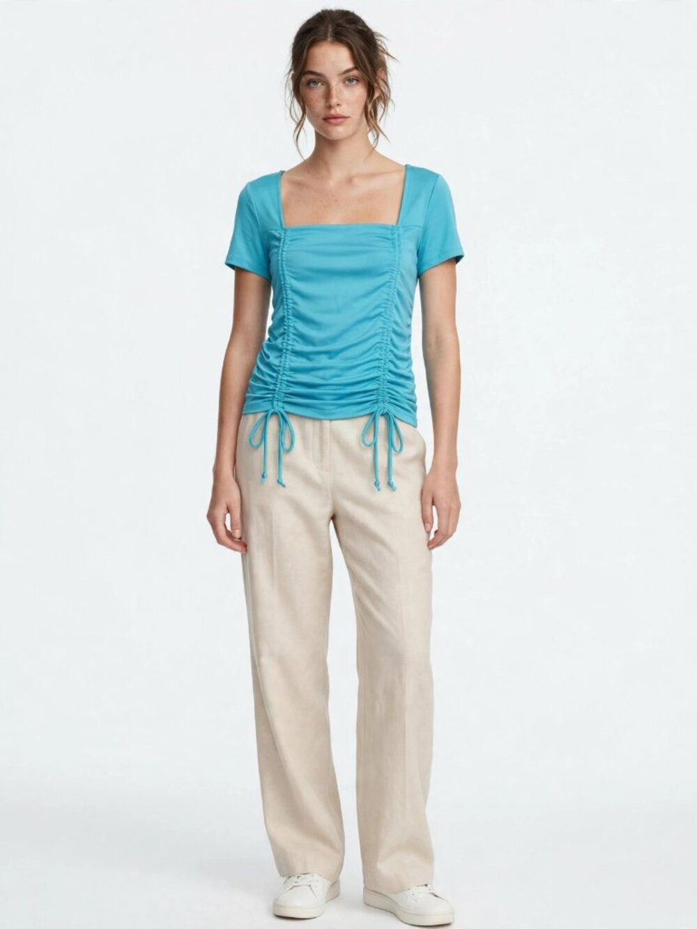 Heart & Hips Ruched Drawstring Top Turquoise Short Sleeve NWT — Size S